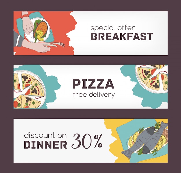 Colorful horizontal banner templates with hand drawn sketches of delicious food and various appetizing dishes. Special offer and dinner discount.