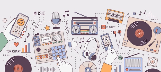 Colorful horizontal banner with hands and devices for music playing and listening - player, boombox, radio, microphone, earphones, turntable, vinyl records. Vector illustration in line art style