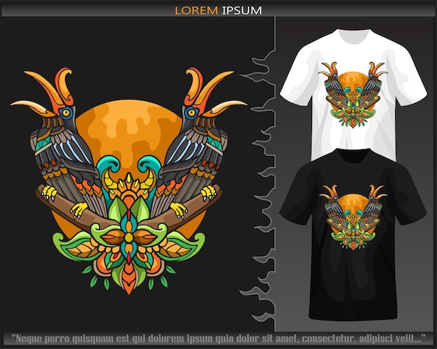 Colorful Hornbil bird mandala arts isolated on black and white t shirt