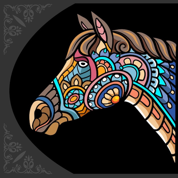 黒の背景に分離されたカラフルな馬の頭zentangle芸術