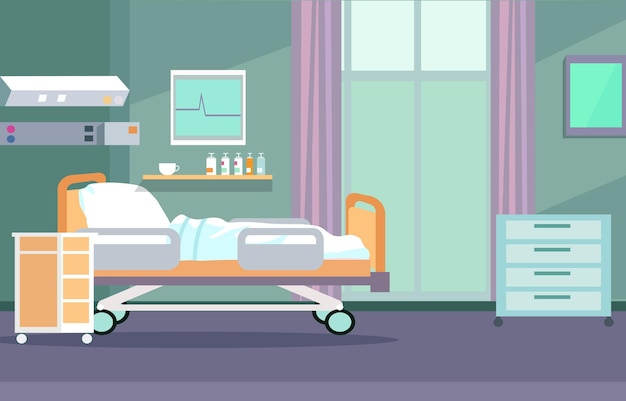 Vector colorful hospital inpatient room with bed and health medical equipments