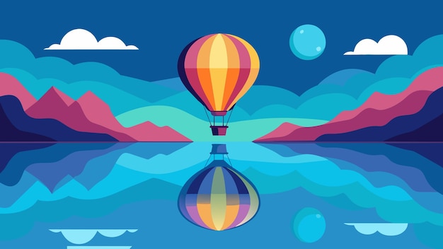 Vector a colorful hot air balloon floats above the lake its reflection shimmering in the water as the