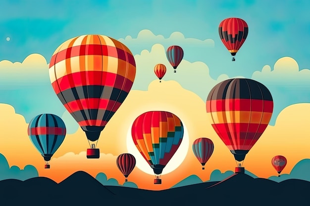 Vector colorful hot air balloons floating in the sky flat vector illustration