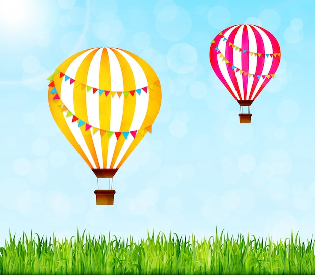 Colorful hot air balloons over the green landscape Vector illustration