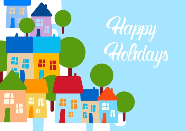 Colorful houses happy holiday greeting card banner