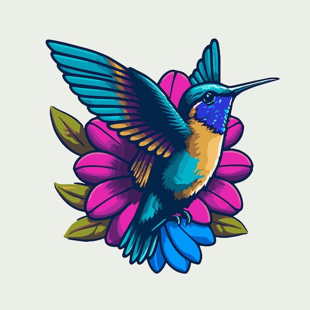 꽃 로고 그림 마스코트 위를 날고 있는 화려한 벌새