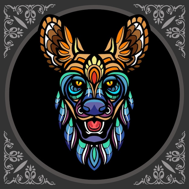 Colorful hyena head zentangle art isolated on black background