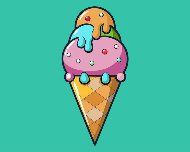 a colorful ice cream cone with a blue and green background