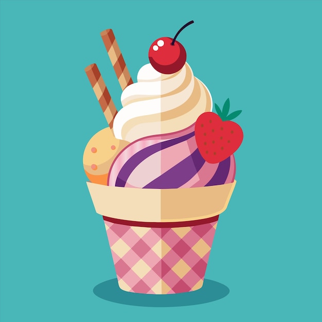 a colorful ice cream cone with a strawberry on it