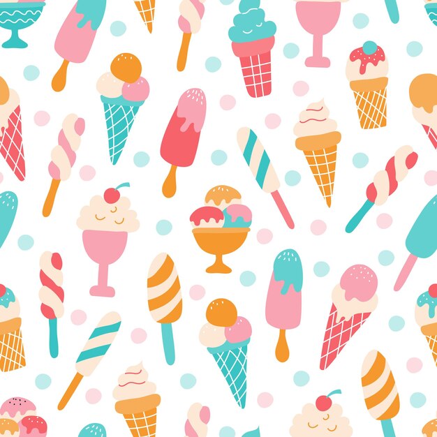 Colorful ice cream with berries on white background Vector seamless pattern