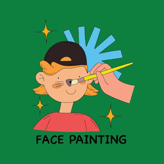 Vector colorful icon face painting child with painted face and brusheshand drawn flat vector illustration