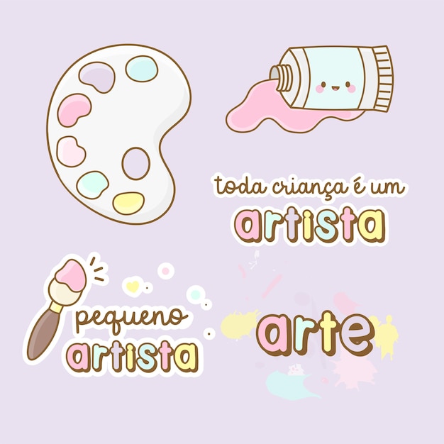 Colorful icon set in kawaii style painting, art, craft