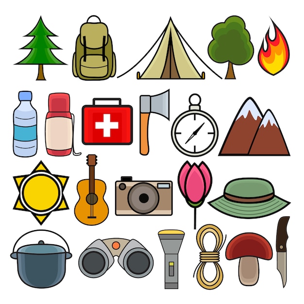 Icone colorate per il campeggio e le escursioni