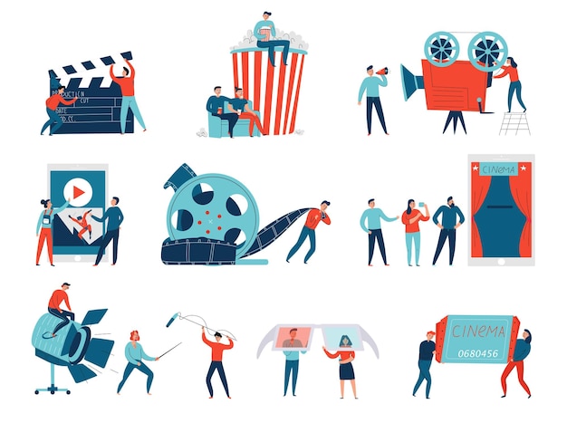 カラフルなアイコンは、白い背景のフラットベクトルイラストで隔離の映画を作る映画館や撮影チームの人々と設定