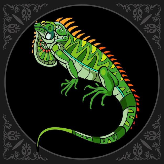 Colorful iguana zentangle arts isolated on black background