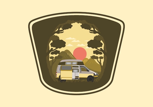 Colorful illustration badge of campervan in nature