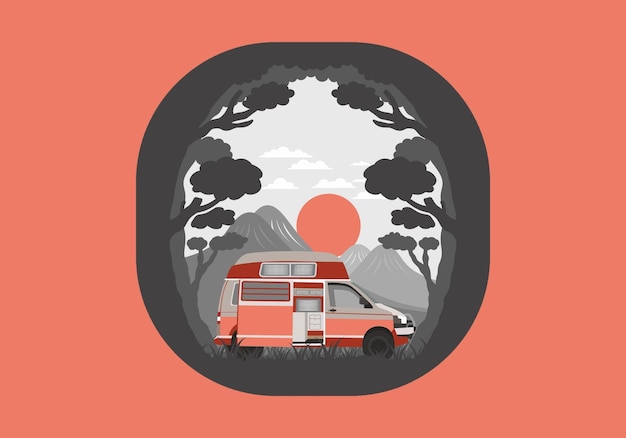 Colorful illustration badge of campervan in nature