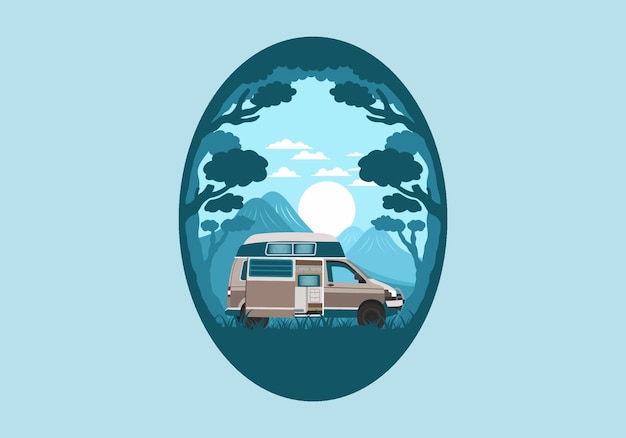 Colorful illustration badge of campervan in nature