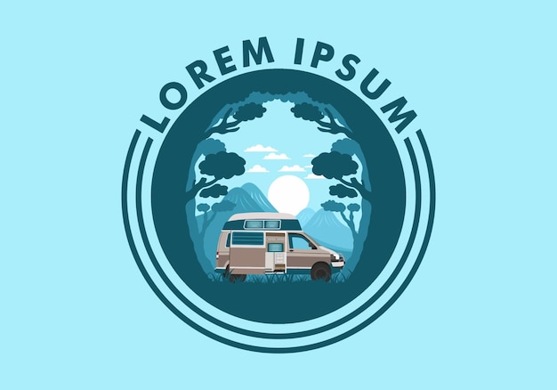 Colorful illustration badge of campervan in nature