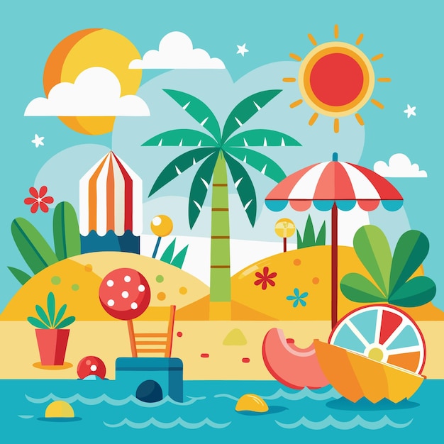 colorful illustration of a beach scene with a palm tree sun and beach umbrella