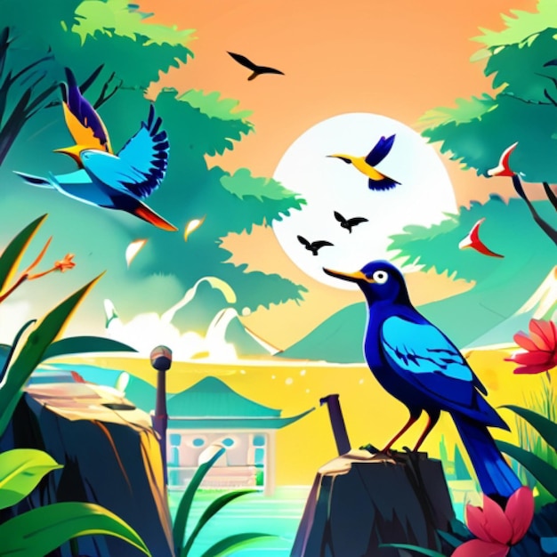 a colorful illustration of a bird with many birds flying around