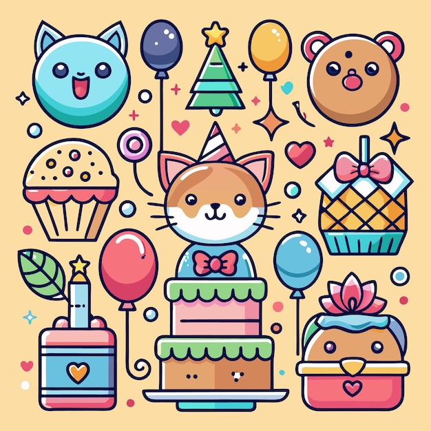 파티 모자를 입은 고양이와 풍선, 컵케이크 및 기타 축제 요소로 둘러싸인 생일 케이크를 입은 생일 축제의 다채로운 일러스트레이션
