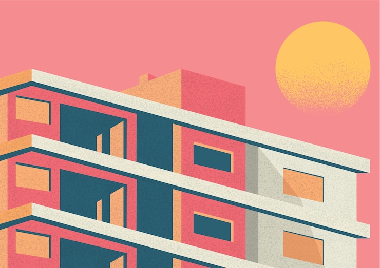 Vector a colorful illustration of a building with a sunset in the background
