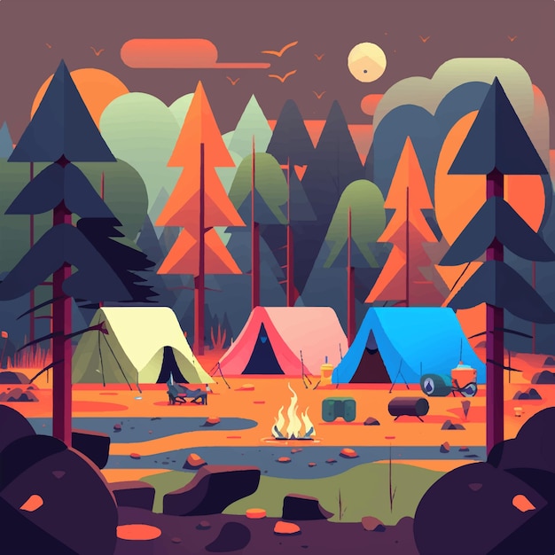 森の中で焚き火をするキャンプ場のカラフルなイラスト。