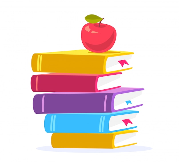 Colorful illustration of close up stack of books with red apple isolated on white background.