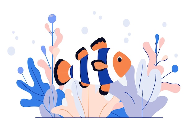 Colorful illustration of a clownfish swimming among coral