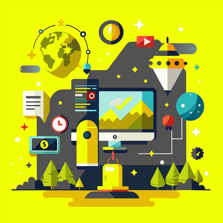 वेक्टर a colorful illustration of a computer with a picture of a mountain on it
