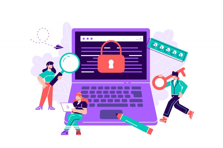 Vector colorful illustration, the concept of protecting computer data for a web page, coding, programming, application development, expose. flat style modern design  illustration for web page