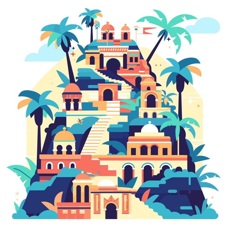 Vector colorful illustration depicts exotic palace tropical palm trees serene sky architectural fantasy