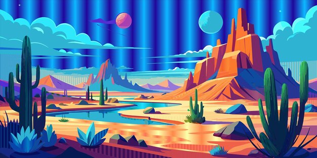 Vector a colorful illustration of a desert with mountains and trees