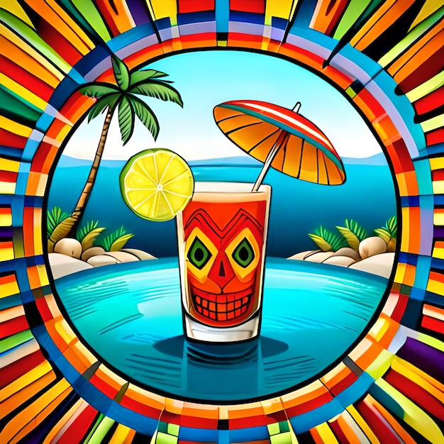 Vector a colorful illustration of a drink with a straw and a drink with a picture of a beach in the background.