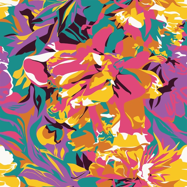 Vector colorful illustration in extreme color palette of flowers piones