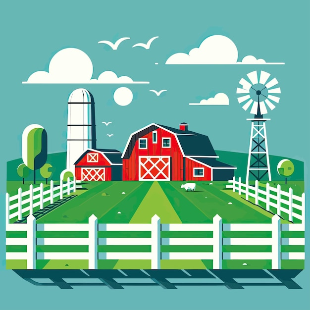 Vector a colorful illustration of a farm with a red barn and a farm