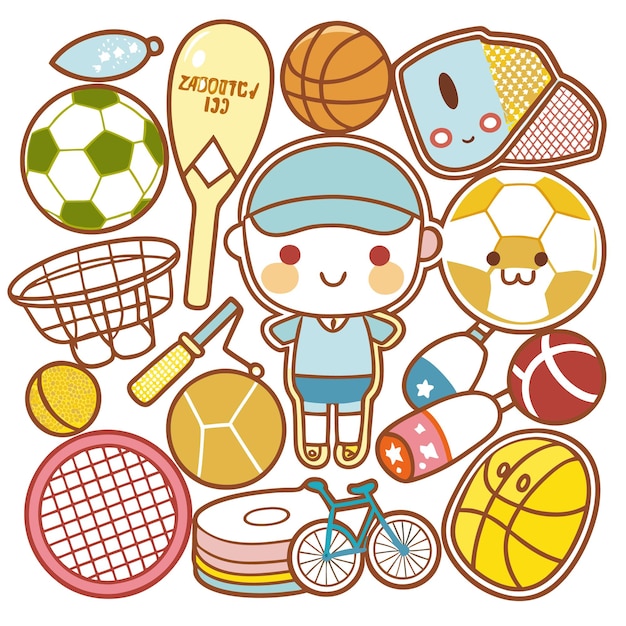 Vector a colorful illustration featuring various sports equipment and a character