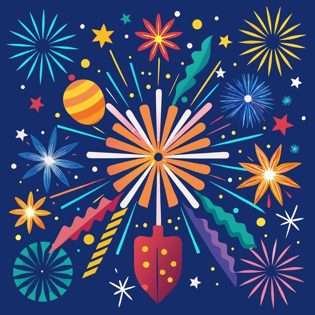 Vector a colorful illustration of fireworks exploding in the night sky with stars and other geometric shapes scattered around them