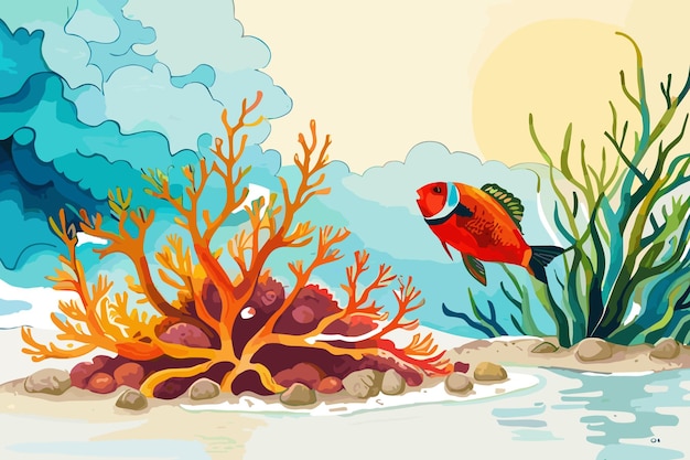 Vettore un'illustrazione variopinta di un pesce e dei coralli.