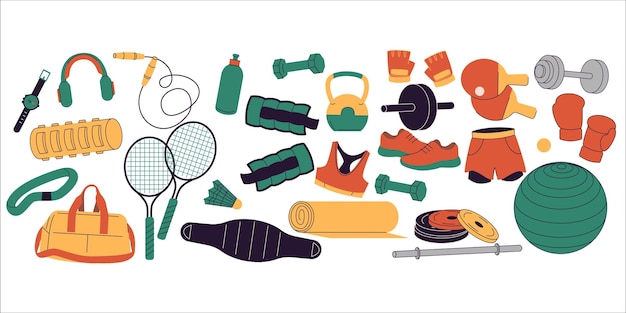 colorful illustration of fitness and sports gear including dumbbells rackets boxing gloves shoes