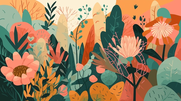 A colorful illustration of a forest with a flower in the foreground.