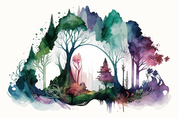 A colorful illustration of a forest with a rainbow.