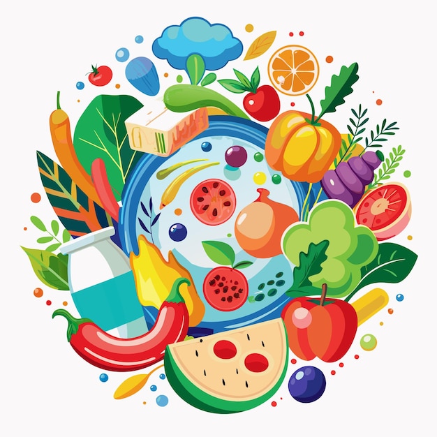 Colorful Illustration of Fruits and Vegetables in a Circular Pattern