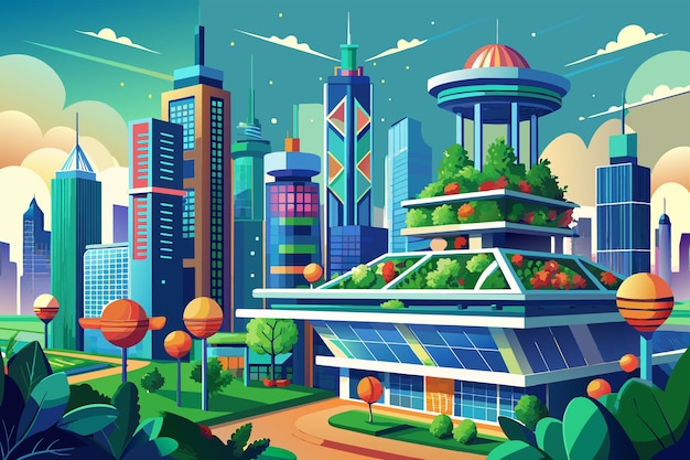 Colorful illustration of a futuristic city with vibrant greenery modern highrise buildings and advanced infrastructure under a clear blue sky with stylized clouds and a prominent sun