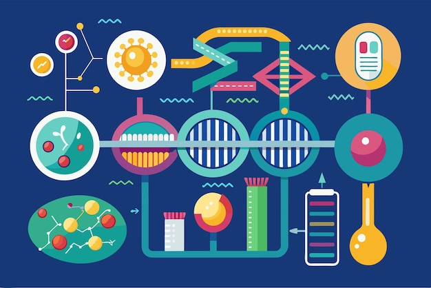 Colorful illustration of a genetic engineering concept with stylized graphics of DNA strands cells atoms and scientific instruments all connected by arrows to show interaction