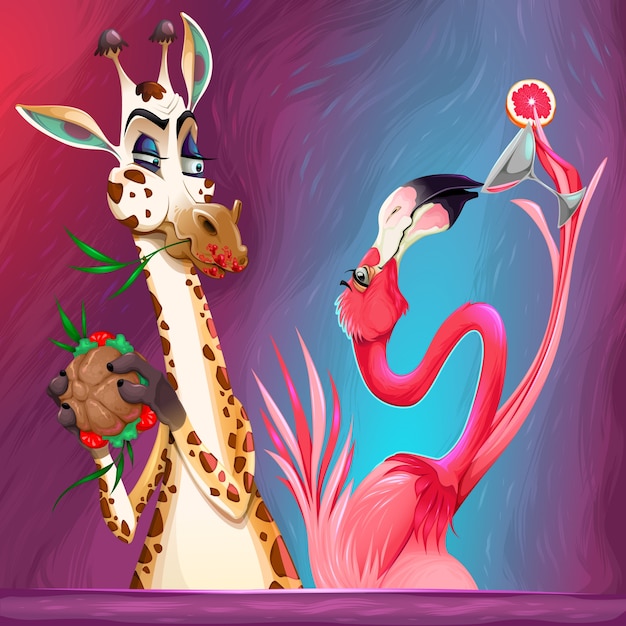 Happy hour tra giraffa e fenicottero divertente illustrazione vettoriale del fumetto