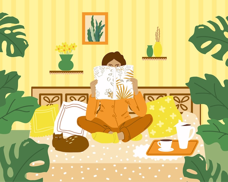 Vector カラフルなイラスト。女の子が家で雑誌を読んでいます。孤立したオブジェクト。