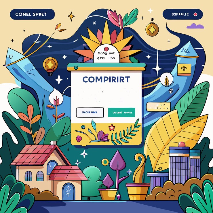 Vector colorful illustration of a house a flowerpot a skyscraper and a phone screen with the text quotcompirirquot