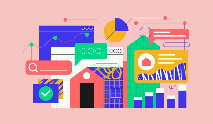 Vector データと通信を表す吹き出しグラフと家のカラフルなイラスト フラット ベクトル図